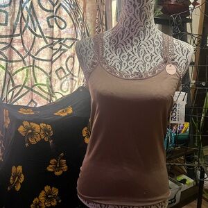 Lace Trim Brown Tank Top